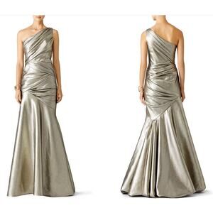 Carmen Marc Valvo Women’s 12 Silver Goddess One Shoulder Designer Formal Gown